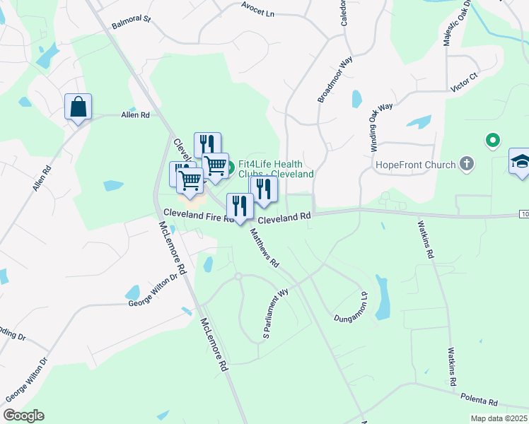 map of restaurants, bars, coffee shops, grocery stores, and more near 8948 Cleveland Road in Clayton