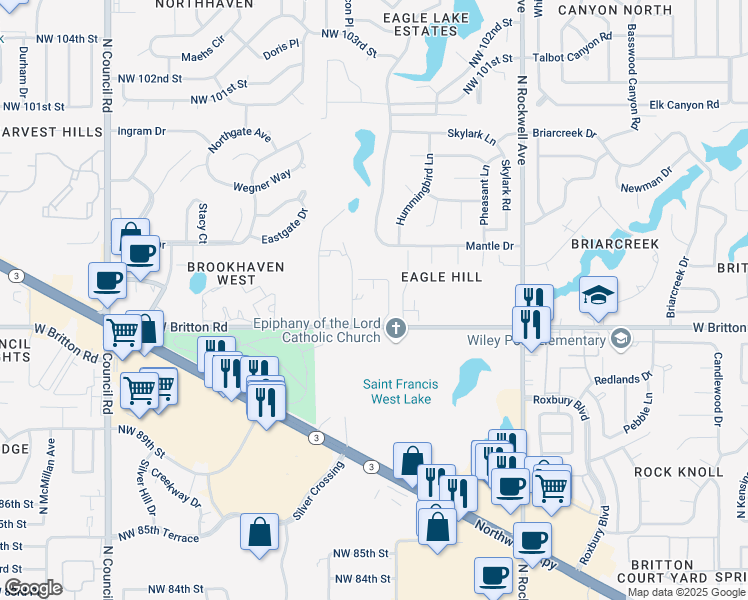 map of restaurants, bars, coffee shops, grocery stores, and more near 9400 Saint Ann Drive in Oklahoma City