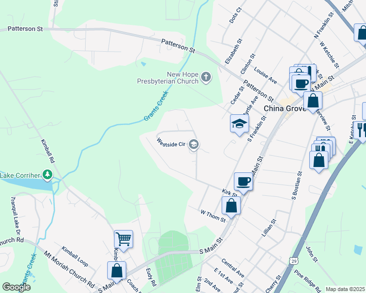 map of restaurants, bars, coffee shops, grocery stores, and more near 513 Westside Circle in China Grove