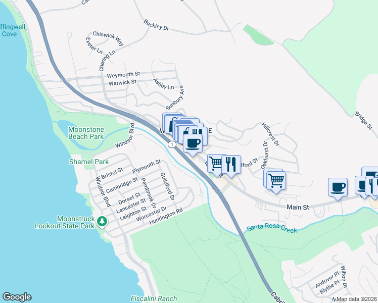 map of restaurants, bars, coffee shops, grocery stores, and more near 816 Main Street in Cambria
