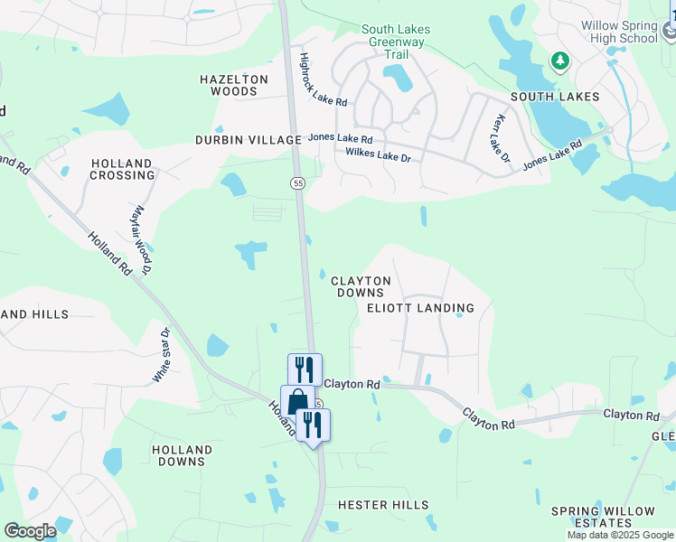 map of restaurants, bars, coffee shops, grocery stores, and more near 7100 Partinwood Drive in Fuquay-Varina