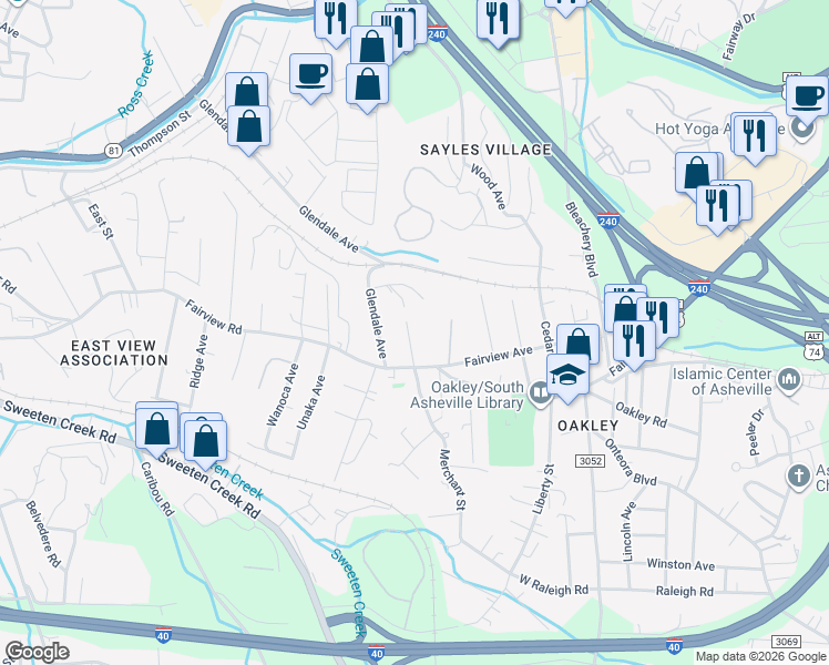 map of restaurants, bars, coffee shops, grocery stores, and more near 17 Steele Avenue in Asheville