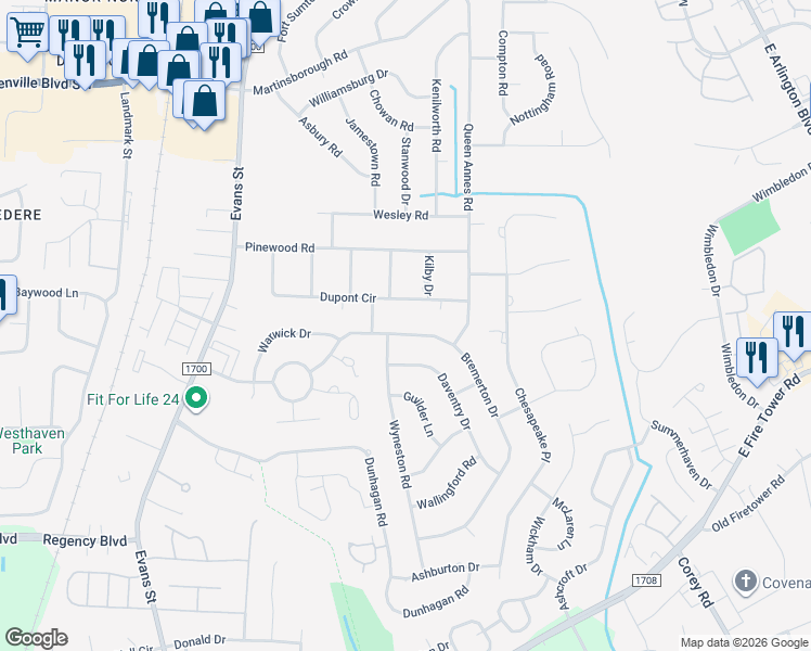 map of restaurants, bars, coffee shops, grocery stores, and more near 503 Bremerton Drive in Greenville