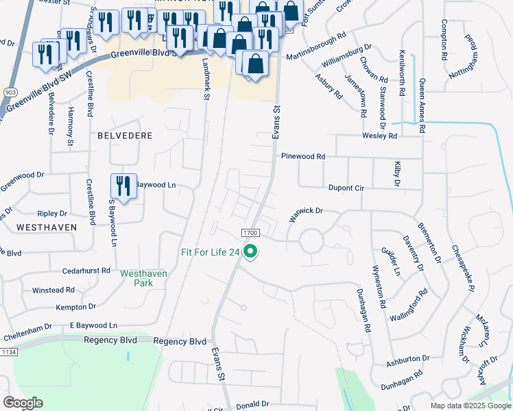 map of restaurants, bars, coffee shops, grocery stores, and more near 121 West Victoria Court in Greenville