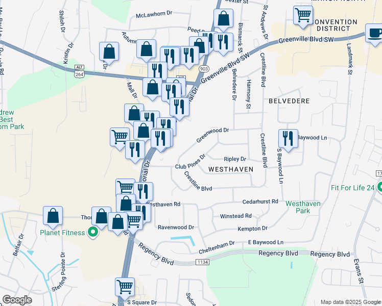 map of restaurants, bars, coffee shops, grocery stores, and more near 106 Greenwood Drive in Greenville