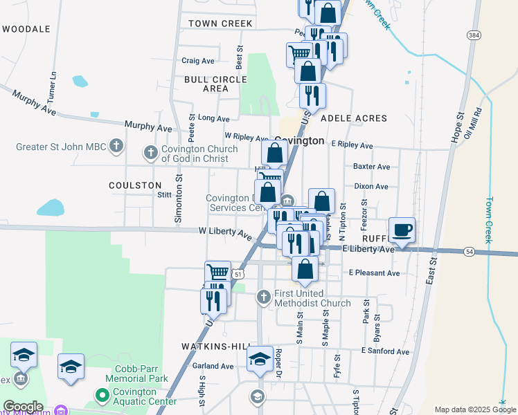 map of restaurants, bars, coffee shops, grocery stores, and more near 211 North College Street in Covington