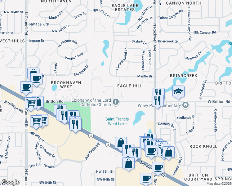 map of restaurants, bars, coffee shops, grocery stores, and more near 9501 Eagle Hill Drive in Oklahoma City