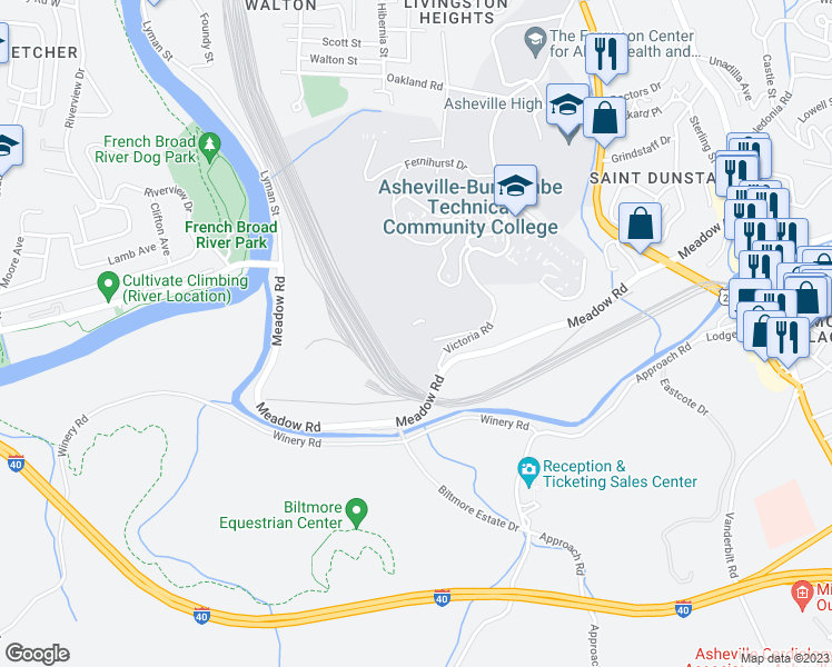 map of restaurants, bars, coffee shops, grocery stores, and more near 455 Victoria Road in Asheville