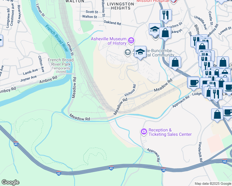 map of restaurants, bars, coffee shops, grocery stores, and more near 455 Victoria Rd in Asheville