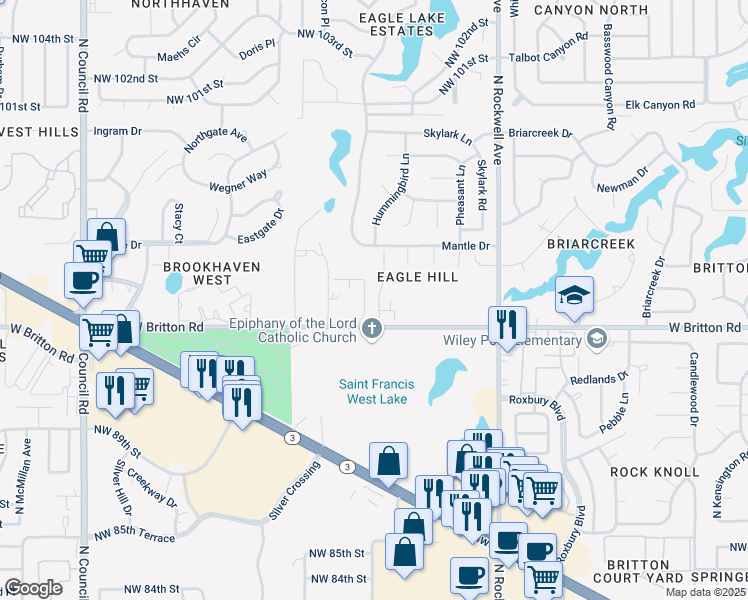 map of restaurants, bars, coffee shops, grocery stores, and more near 9501 Eagle Hill Drive in Oklahoma City