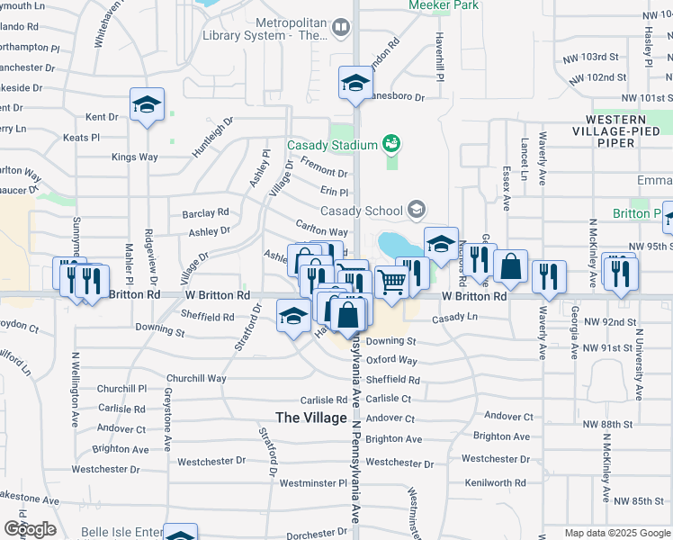 map of restaurants, bars, coffee shops, grocery stores, and more near 2101 West Britton Road in The Village