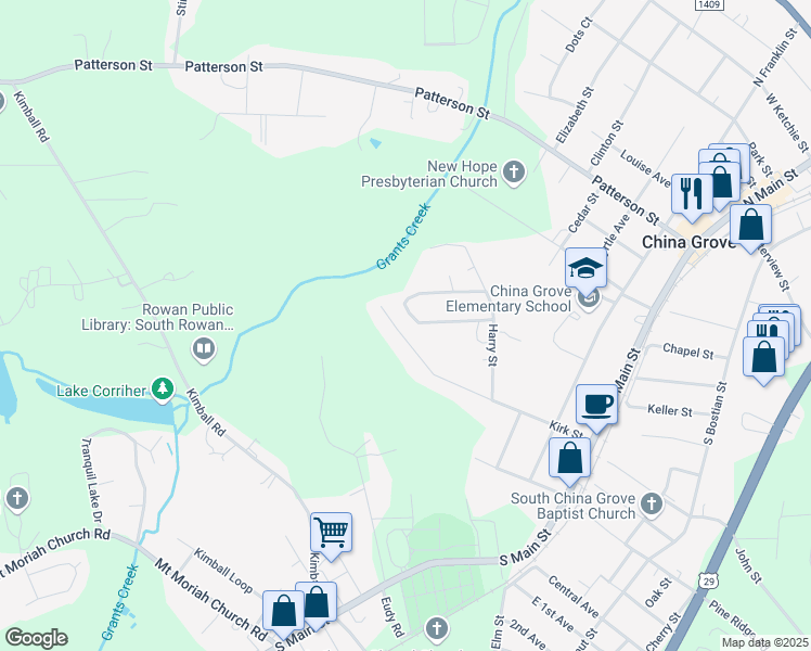map of restaurants, bars, coffee shops, grocery stores, and more near 568 Kirk Street in China Grove