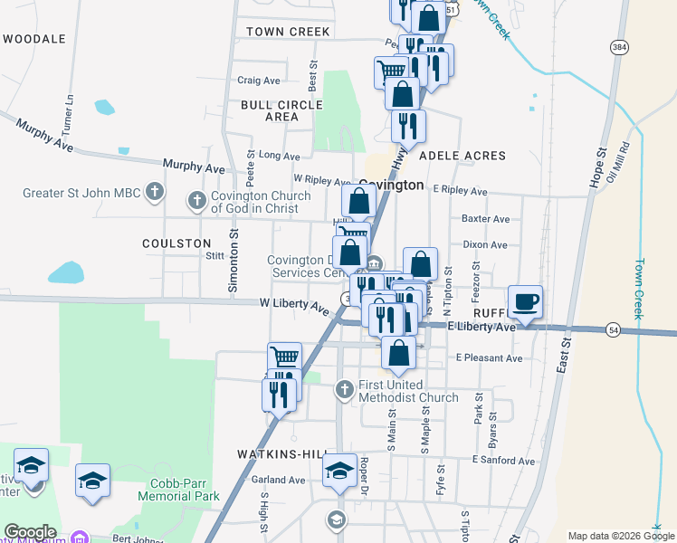 map of restaurants, bars, coffee shops, grocery stores, and more near 211 North College Street in Covington