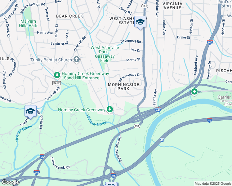 map of restaurants, bars, coffee shops, grocery stores, and more near 138 Morningside Drive in Asheville