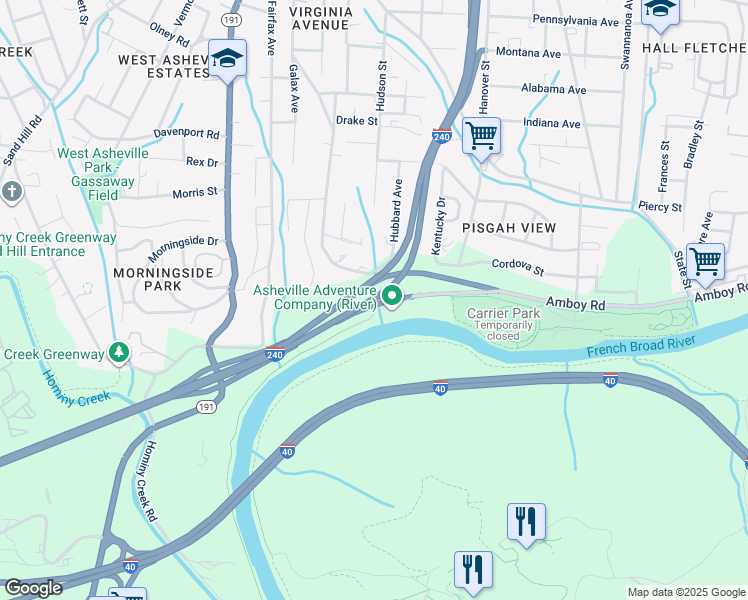 map of restaurants, bars, coffee shops, grocery stores, and more near Interstate 26 in Asheville