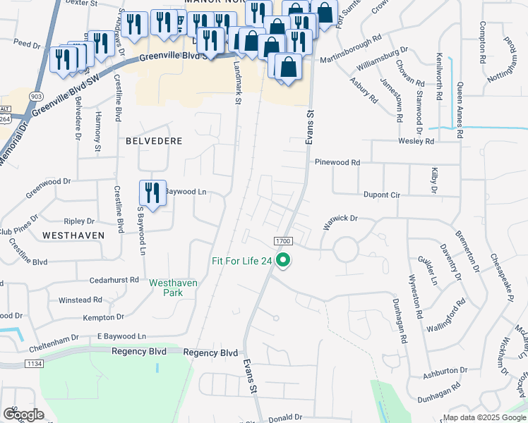 map of restaurants, bars, coffee shops, grocery stores, and more near 121 East Victoria Court in Greenville