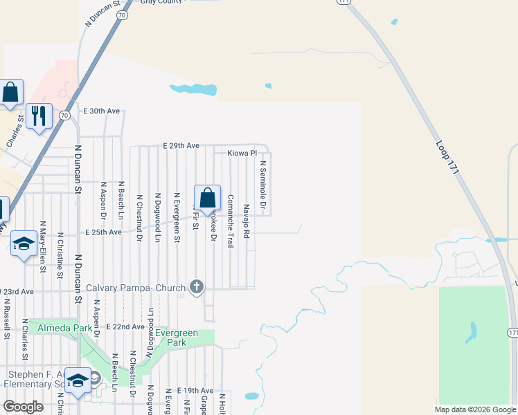 map of restaurants, bars, coffee shops, grocery stores, and more near 2606 North Seminole Drive in Pampa