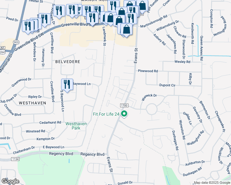 map of restaurants, bars, coffee shops, grocery stores, and more near 127 West Victoria Court in Greenville