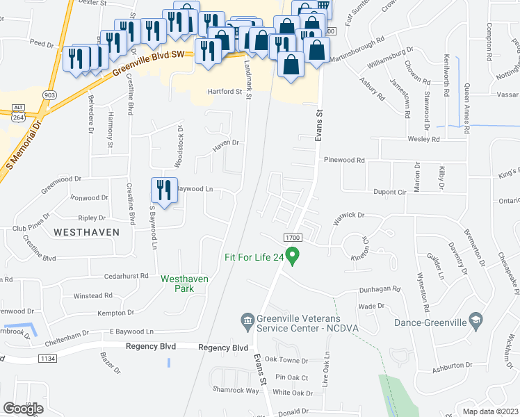 map of restaurants, bars, coffee shops, grocery stores, and more near 143 West Victoria Court in Greenville