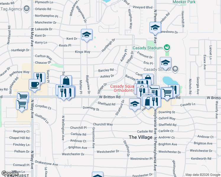 map of restaurants, bars, coffee shops, grocery stores, and more near 2341 Oxford Way in The Village