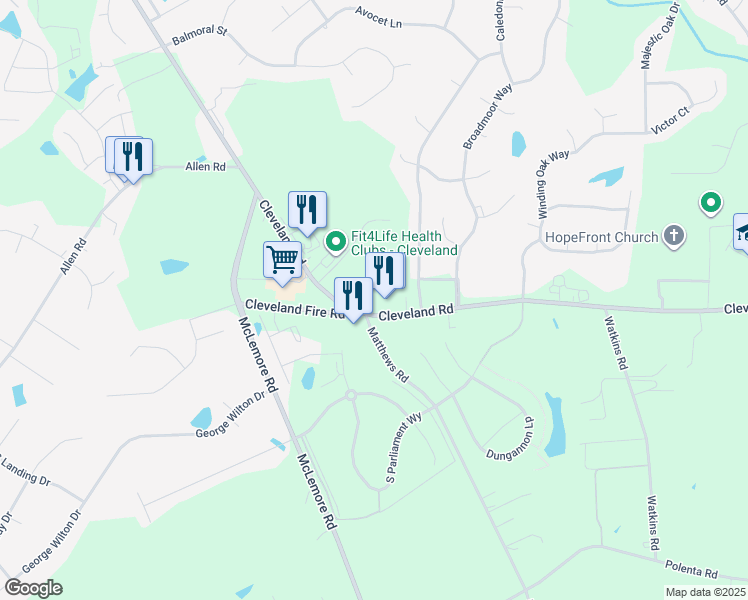 map of restaurants, bars, coffee shops, grocery stores, and more near 8948 Cleveland Road in Clayton