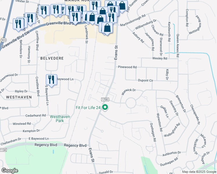 map of restaurants, bars, coffee shops, grocery stores, and more near 100 East Victoria Court in Greenville