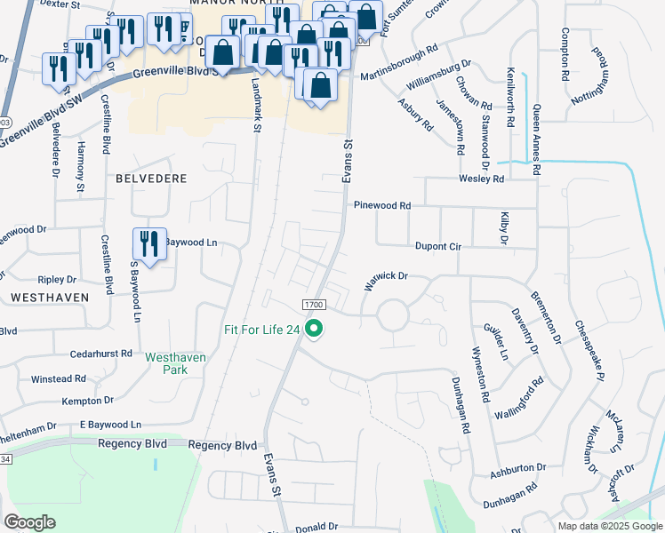 map of restaurants, bars, coffee shops, grocery stores, and more near 100 East Victoria Court in Greenville