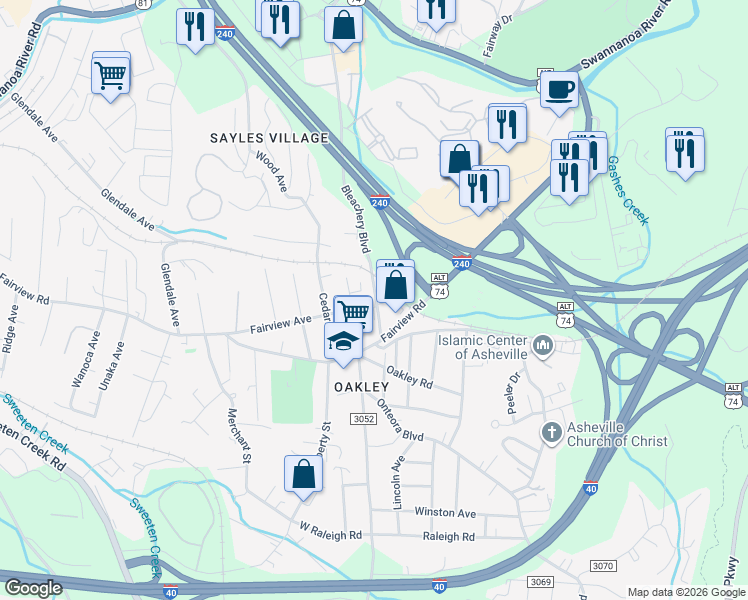 map of restaurants, bars, coffee shops, grocery stores, and more near 790-C Fairview Road in Asheville