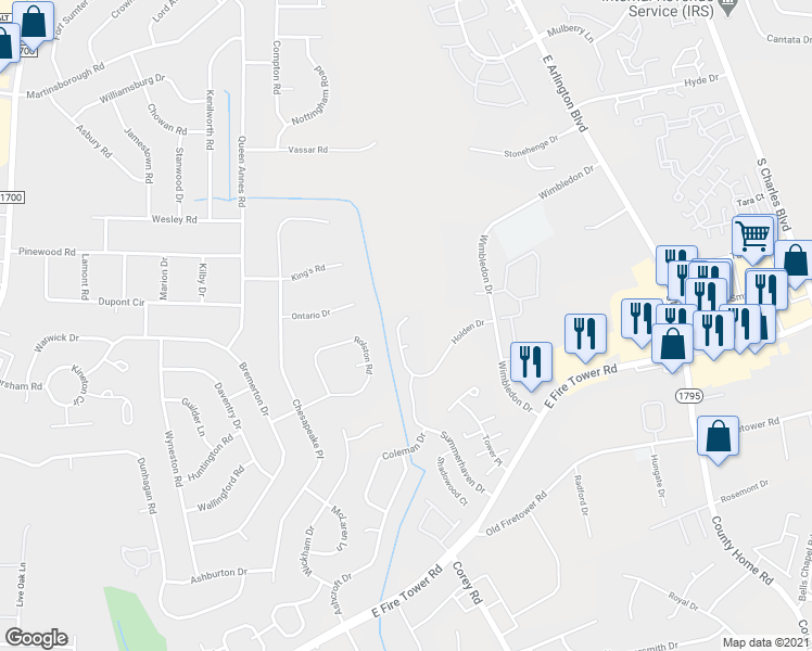 map of restaurants, bars, coffee shops, grocery stores, and more near 1107 Holden Drive in Greenville