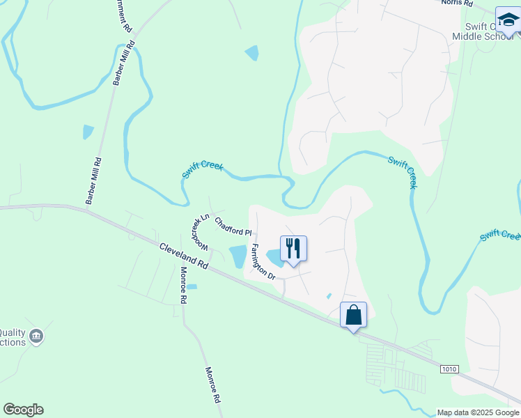 map of restaurants, bars, coffee shops, grocery stores, and more near 304 Farrington Drive in Clayton