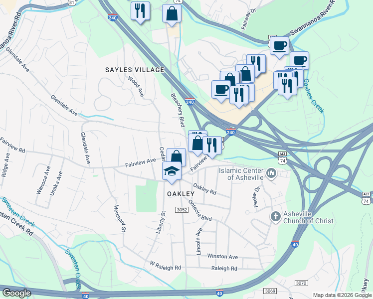 map of restaurants, bars, coffee shops, grocery stores, and more near 790-C Fairview Road in Asheville