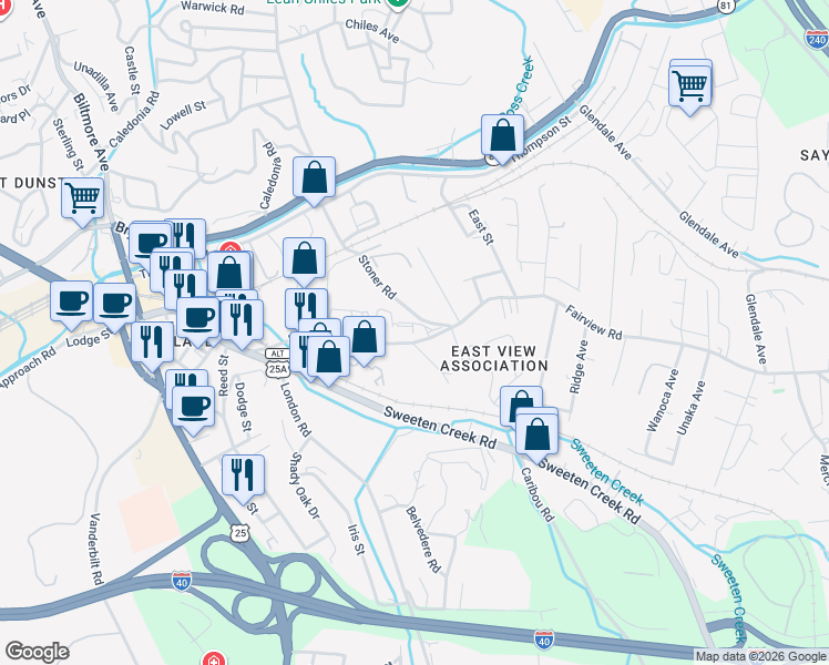 map of restaurants, bars, coffee shops, grocery stores, and more near 240 Fairview Road in Asheville