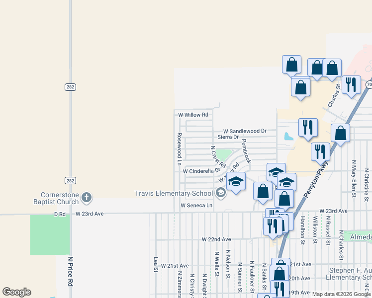 map of restaurants, bars, coffee shops, grocery stores, and more near 1133 West Sirroco Place in Pampa