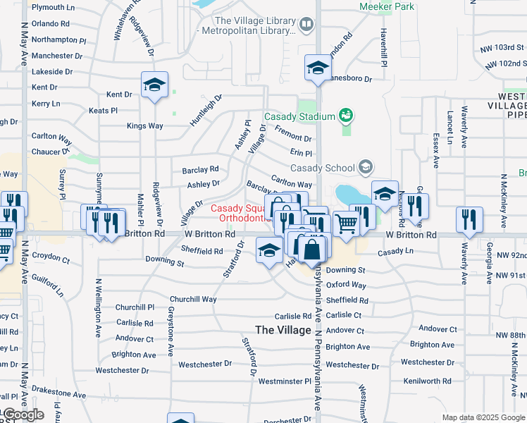 map of restaurants, bars, coffee shops, grocery stores, and more near 2223 Oxford Way in The Village
