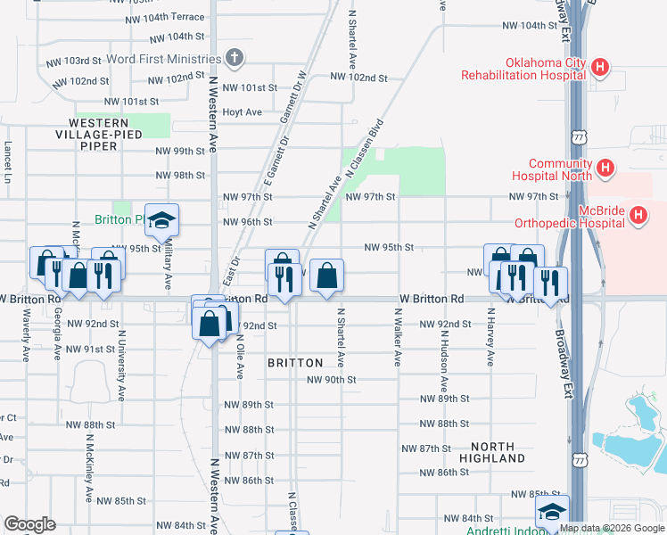 map of restaurants, bars, coffee shops, grocery stores, and more near 703 Northwest 94th Street in Oklahoma City