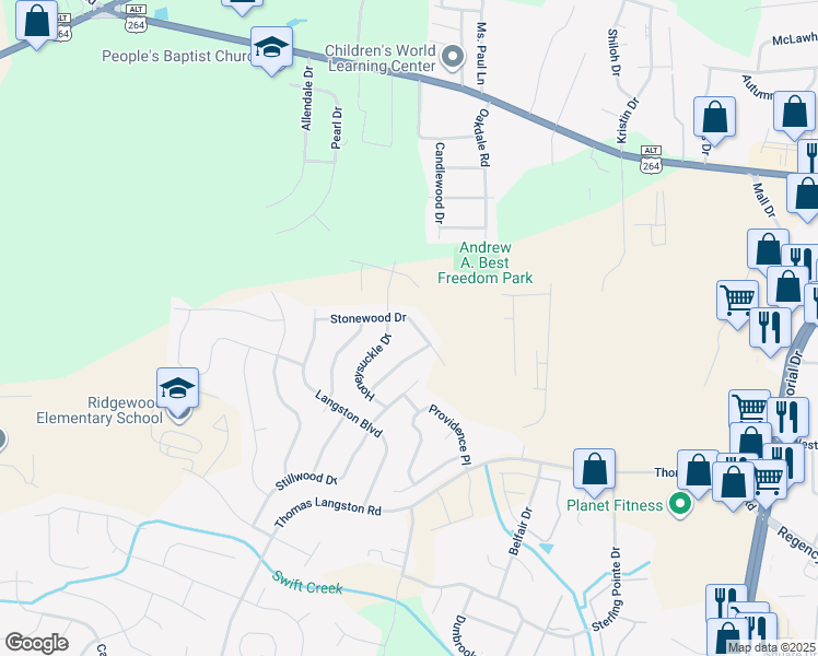 map of restaurants, bars, coffee shops, grocery stores, and more near 1717 Stonewood Drive in Winterville
