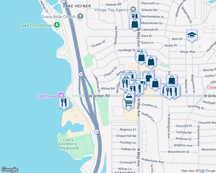 map of restaurants, bars, coffee shops, grocery stores, and more near 3104 Abbey Road in The Village