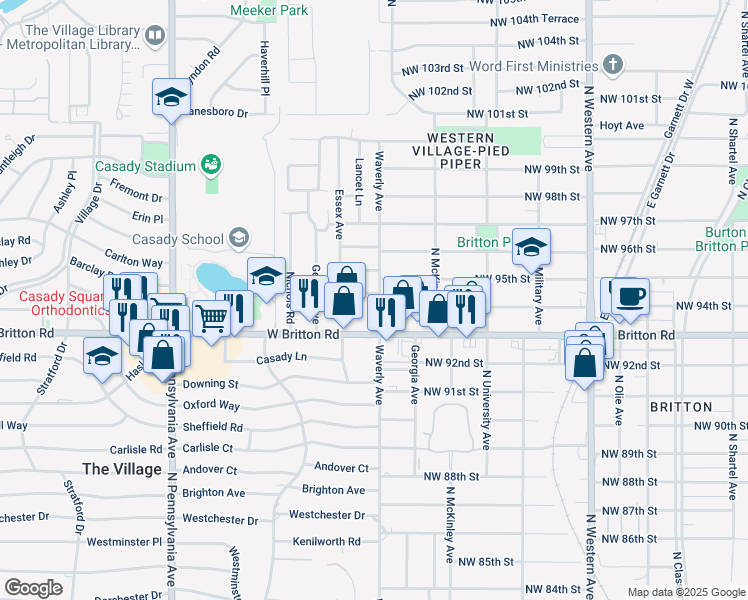 map of restaurants, bars, coffee shops, grocery stores, and more near 1500 Ashley Drive in The Village