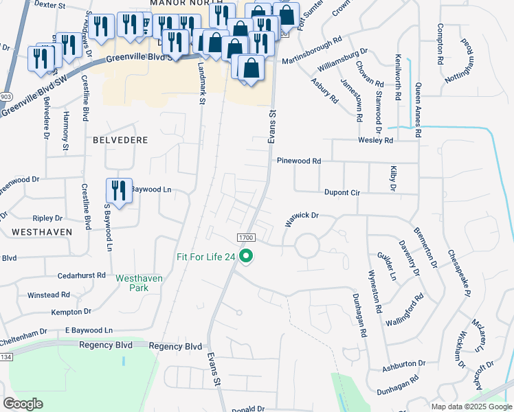 map of restaurants, bars, coffee shops, grocery stores, and more near 100 East Victoria Court in Greenville