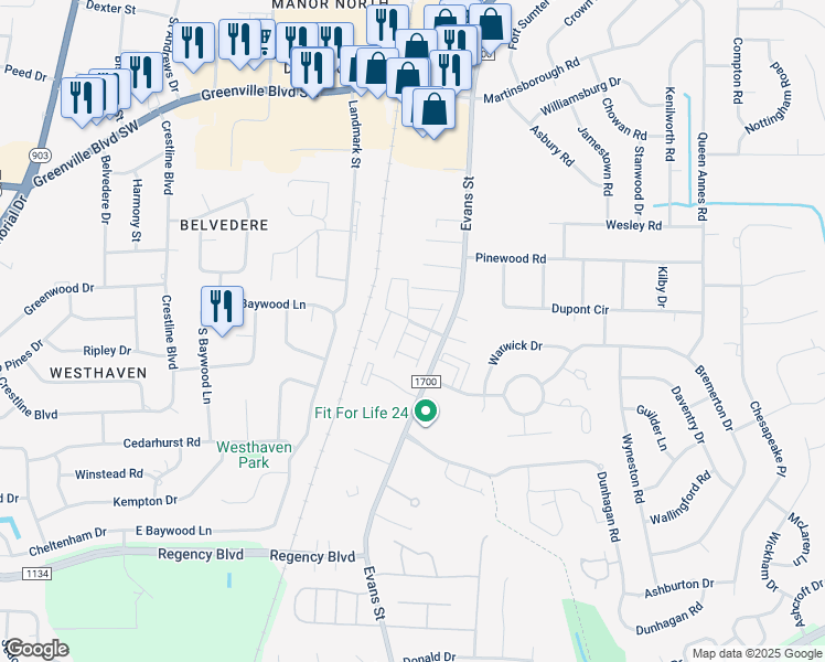 map of restaurants, bars, coffee shops, grocery stores, and more near 121 East Victoria Court in Greenville