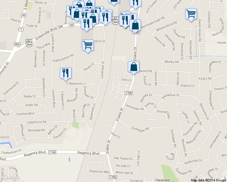 map of restaurants, bars, coffee shops, grocery stores, and more near 121 East Victoria Court in Greenville