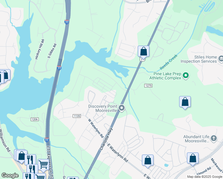 map of restaurants, bars, coffee shops, grocery stores, and more near 110 Town Loop in Mooresville