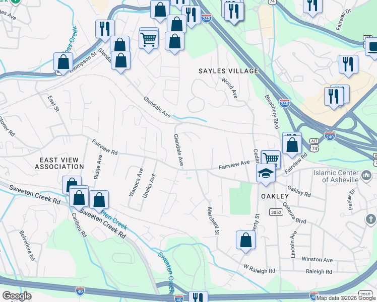 map of restaurants, bars, coffee shops, grocery stores, and more near 608 Fairview Road in Asheville