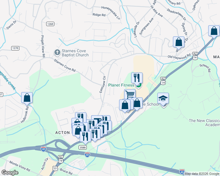 map of restaurants, bars, coffee shops, grocery stores, and more near 21 Myra Place in Asheville