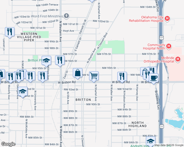 map of restaurants, bars, coffee shops, grocery stores, and more near 703 Northwest 94th Street in Oklahoma City