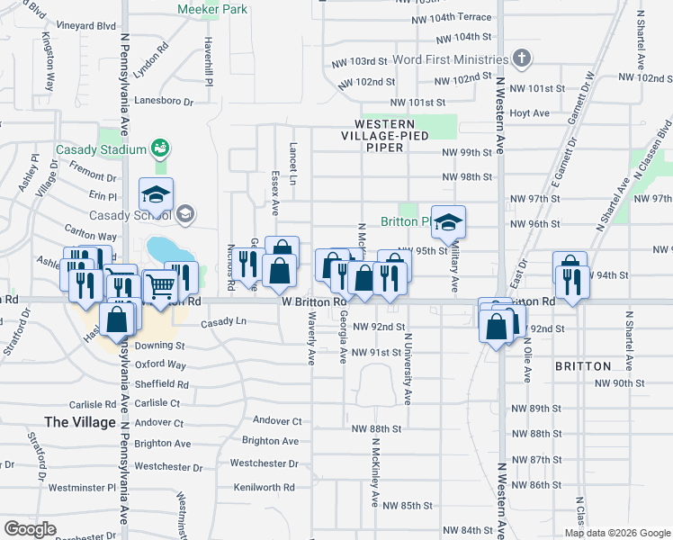 map of restaurants, bars, coffee shops, grocery stores, and more near 1420 Northwest 94th Street in Oklahoma City