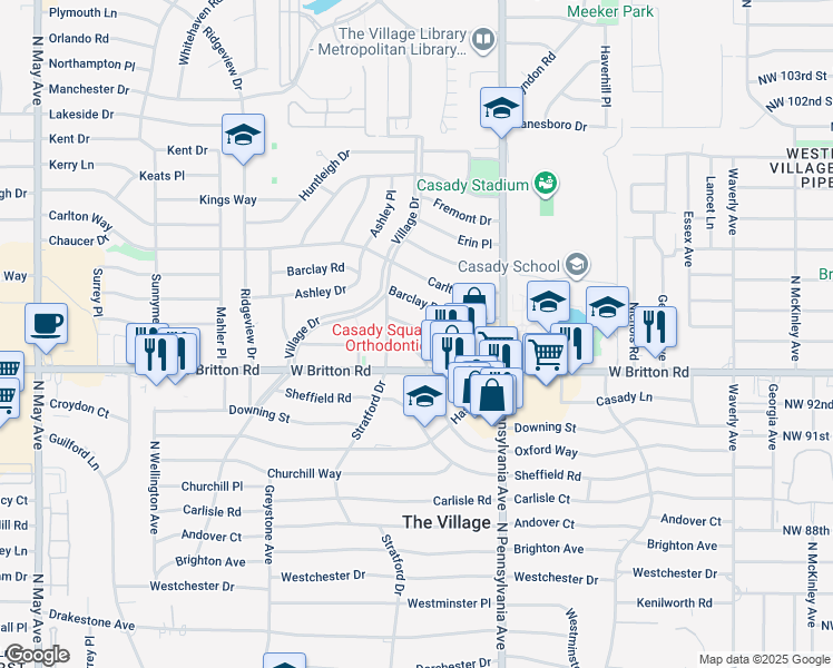 map of restaurants, bars, coffee shops, grocery stores, and more near 2223 Oxford Way in The Village