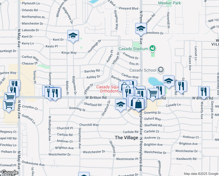 map of restaurants, bars, coffee shops, grocery stores, and more near 9501 Stratford Drive in The Village