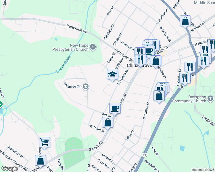 map of restaurants, bars, coffee shops, grocery stores, and more near 514 South Franklin Street in China Grove