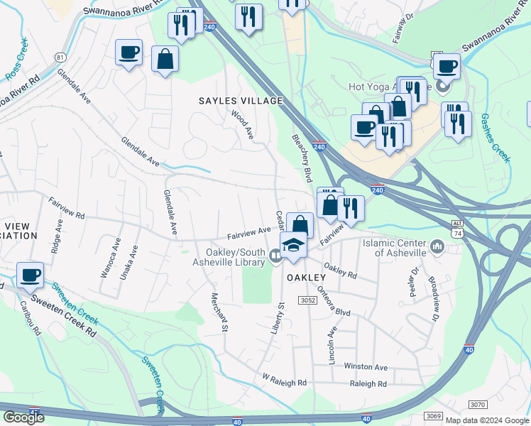map of restaurants, bars, coffee shops, grocery stores, and more near 75 Springdale Avenue in Asheville